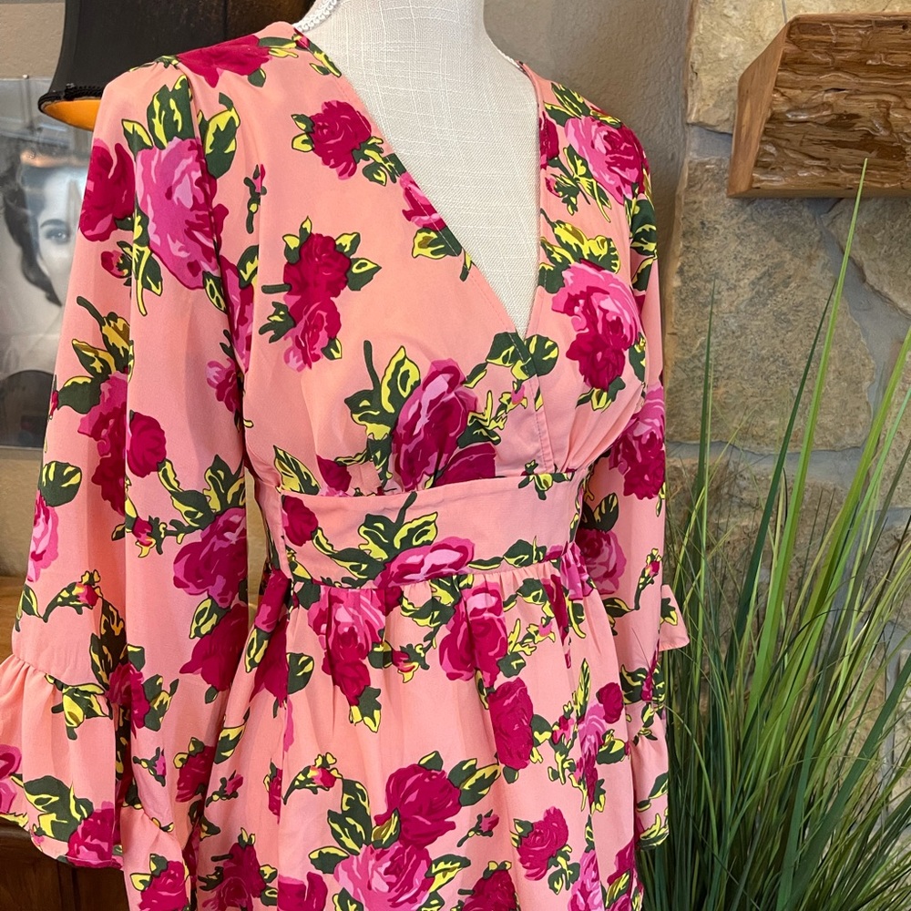 Betsey Johnson pink floral rose blouse / top XL